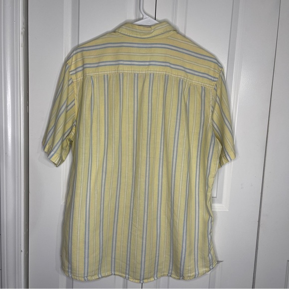L.L. Bean Yellow Blue Striped Linen Blend Size Large Button Up Short Sleeve Mens - Picture 3 of 5